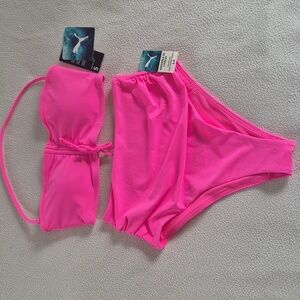 Puma Hot Pink Bandeau Removable Strap Top and High-Waist Bikini 2-Piece Swimsuit